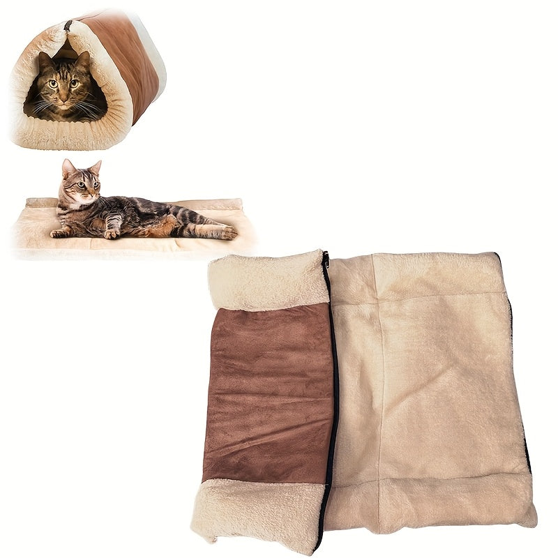 2-in-1 Foldable Cat Mat & House - Soft Polyester Tunnel Bed with Plush Fleece Lining, Portable Warm Nest for Indoor Cats, Cozy Multifunctional Pet Bed & Shelter, Durable Fabric, Small Space Pets