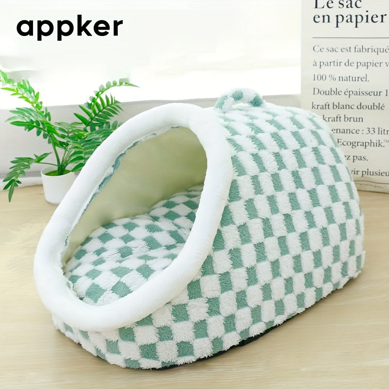 Appker Cozy Checkerboard Plush Cat Bed - Semi-Enclosed, Soft & Warm Indoor Kennel for Cats, Portable and Comfortable Hideaway, Appker