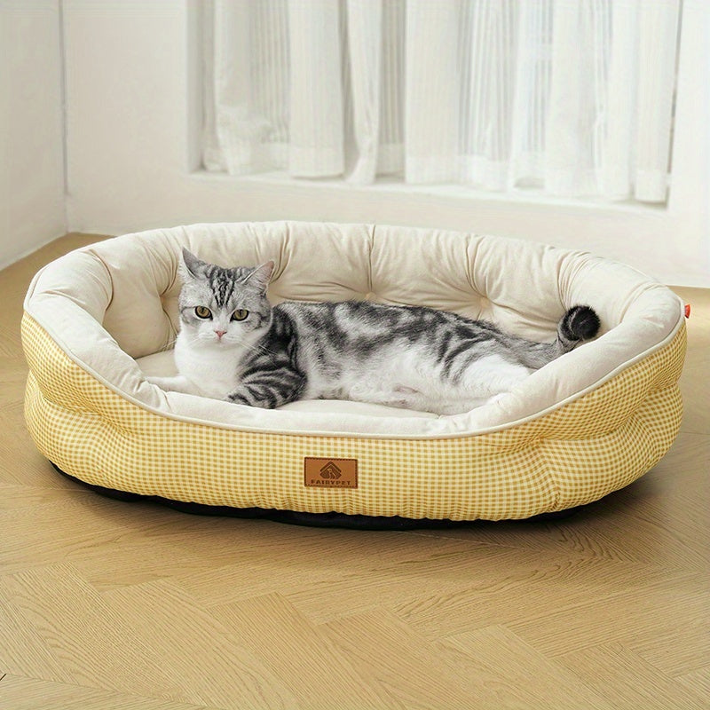 Round Grid Dog Bed - Durable Polyester Pet Bed with Plush Polypropylene Fill, Easy-Clean Machine-Washable All-Season Cozy Sleeping Pad for Small Medium Large Dogs, Mixed Colors, Dog Bed, Pet Furniture, Simple Design, Easy Maintenance