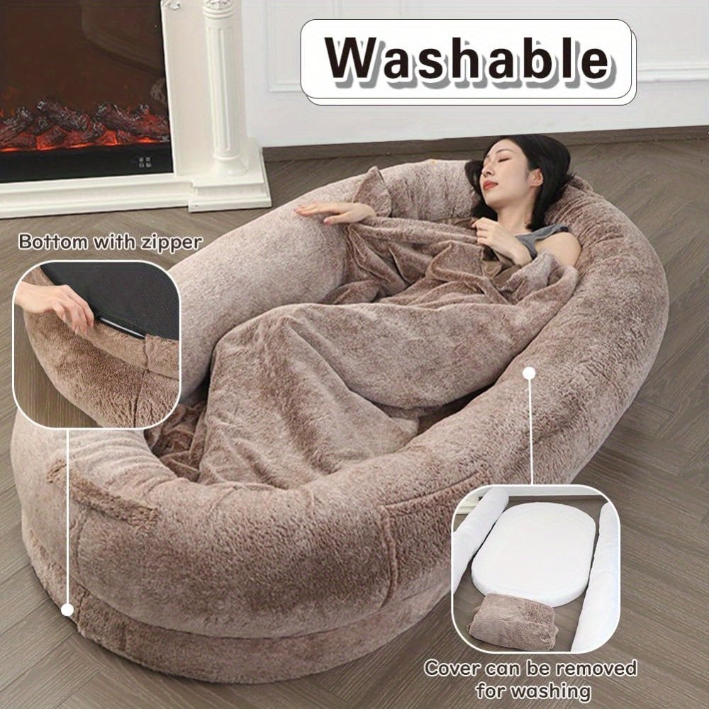 72"x43"x11" Extra-Large Plush Bean Bag Chair - Soft Fleece, Removable Blanket & Pillow, Easy-Clean, Perfect for Relaxing & Sleeping, Brown