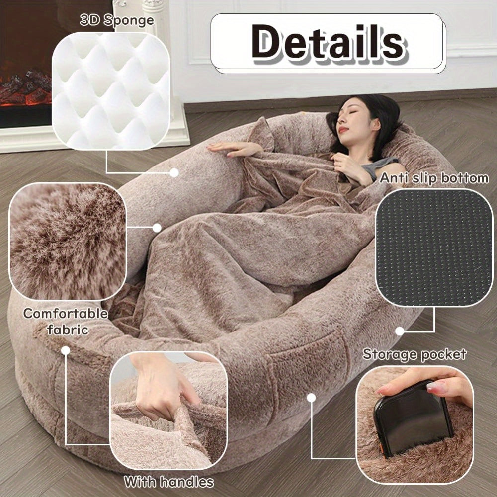 72"x43"x11" Extra-Large Plush Bean Bag Chair - Soft Fleece, Removable Blanket & Pillow, Easy-Clean, Perfect for Relaxing & Sleeping, Brown