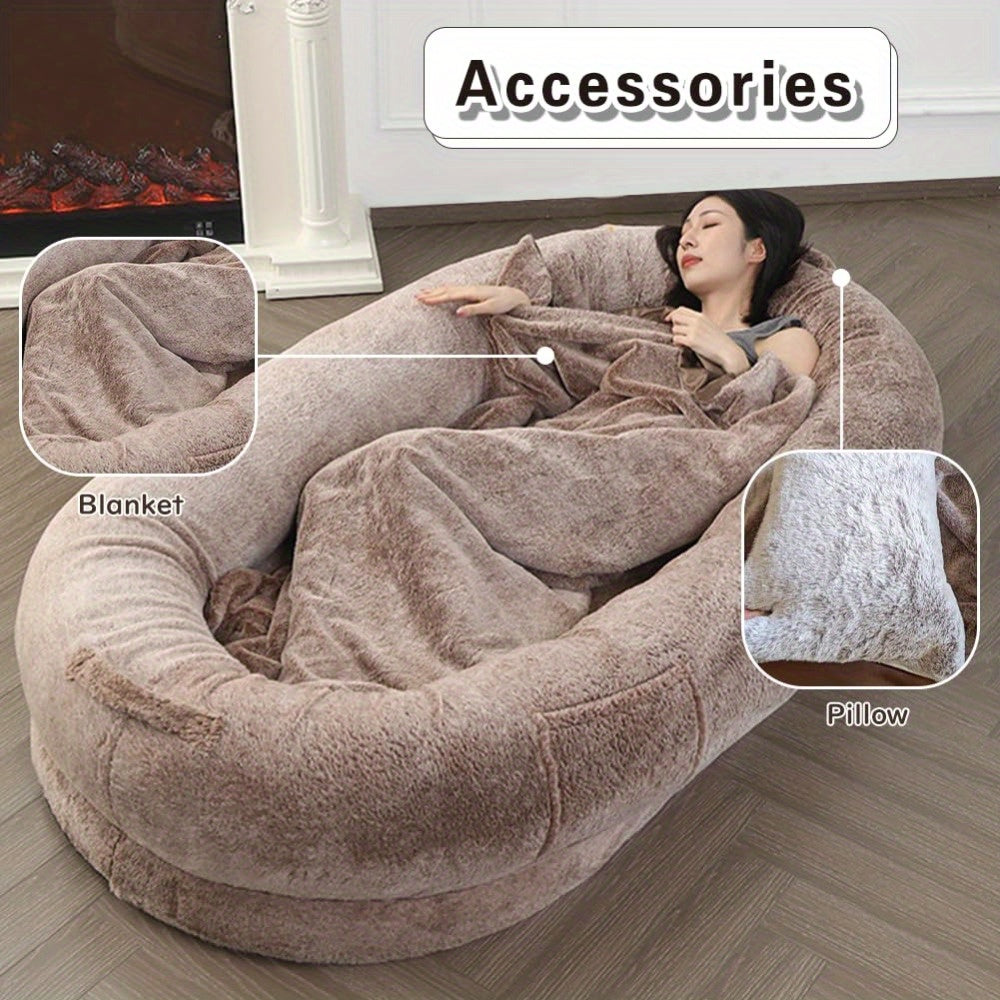 72"x43"x11" Extra-Large Plush Bean Bag Chair - Soft Fleece, Removable Blanket & Pillow, Easy-Clean, Perfect for Relaxing & Sleeping, Brown
