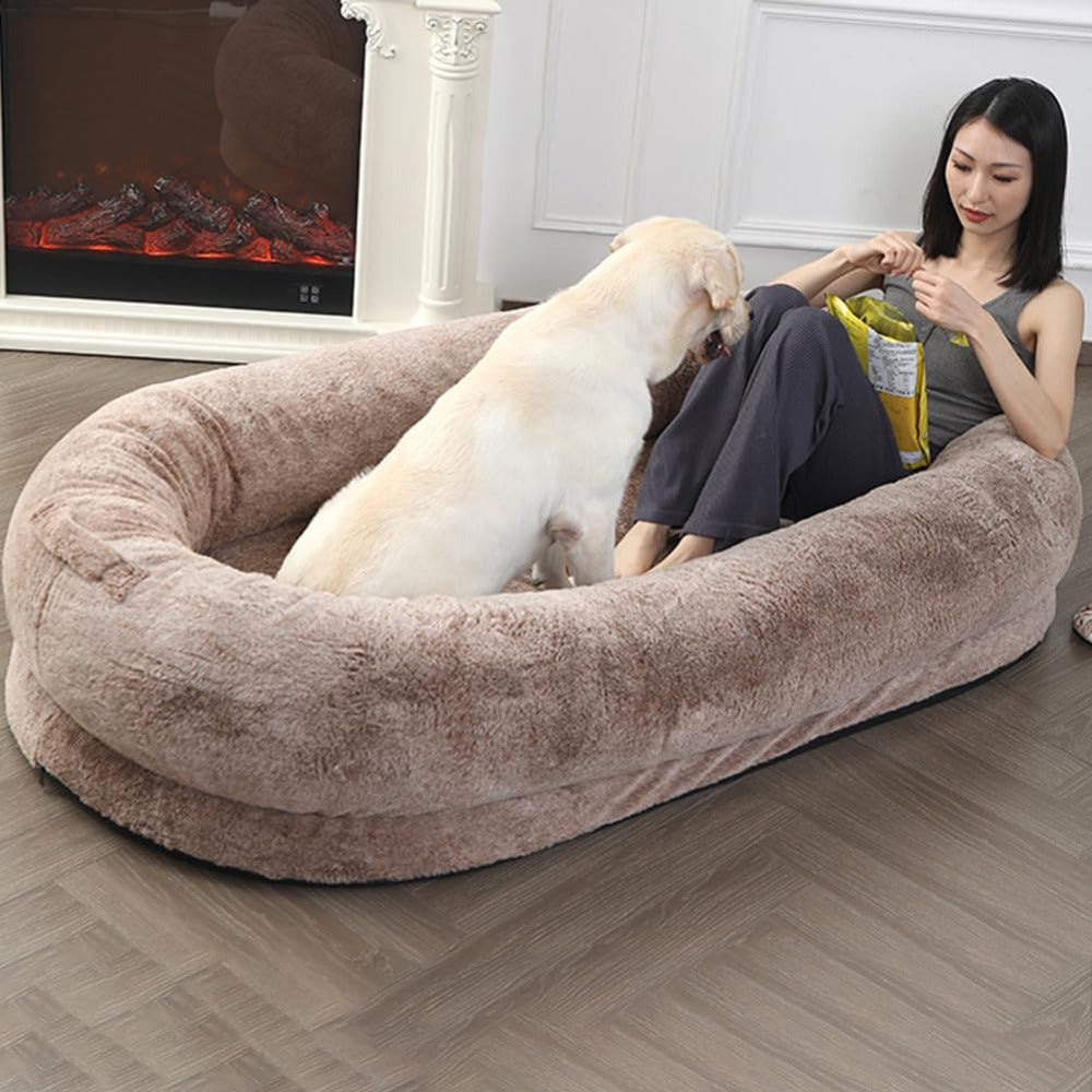 72"x43"x11" Extra-Large Plush Bean Bag Chair - Soft Fleece, Removable Blanket & Pillow, Easy-Clean, Perfect for Relaxing & Sleeping, Brown