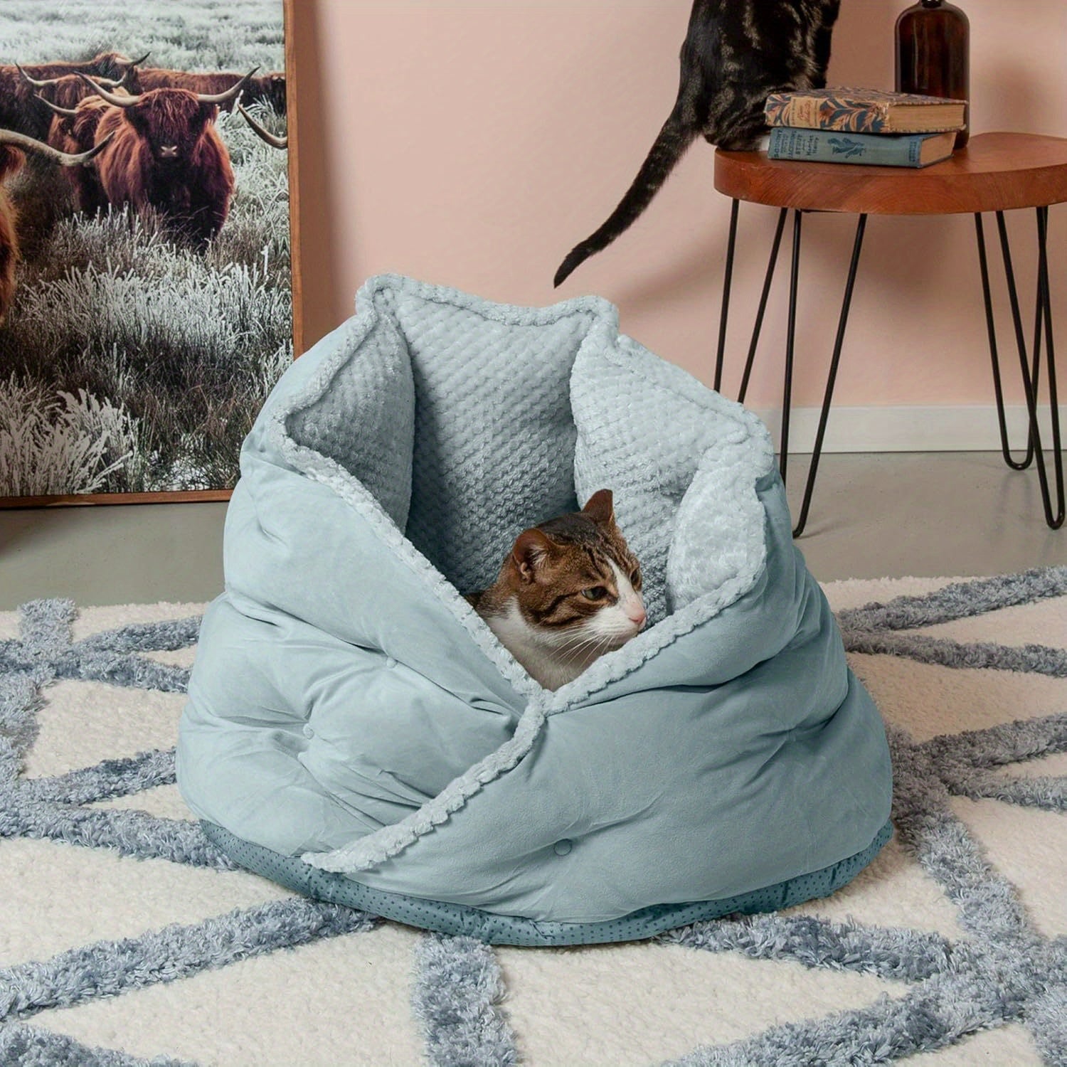 1pc Cozy Minky Plush & Velvet Pet Bed for Cats & Small Dogs, Non-Slip Bottom, Soft Gray with White Trim, Washable & Durable, Holds Up to 35 lbs, Perfect for Indoor Comfort, Cute Cat Bed