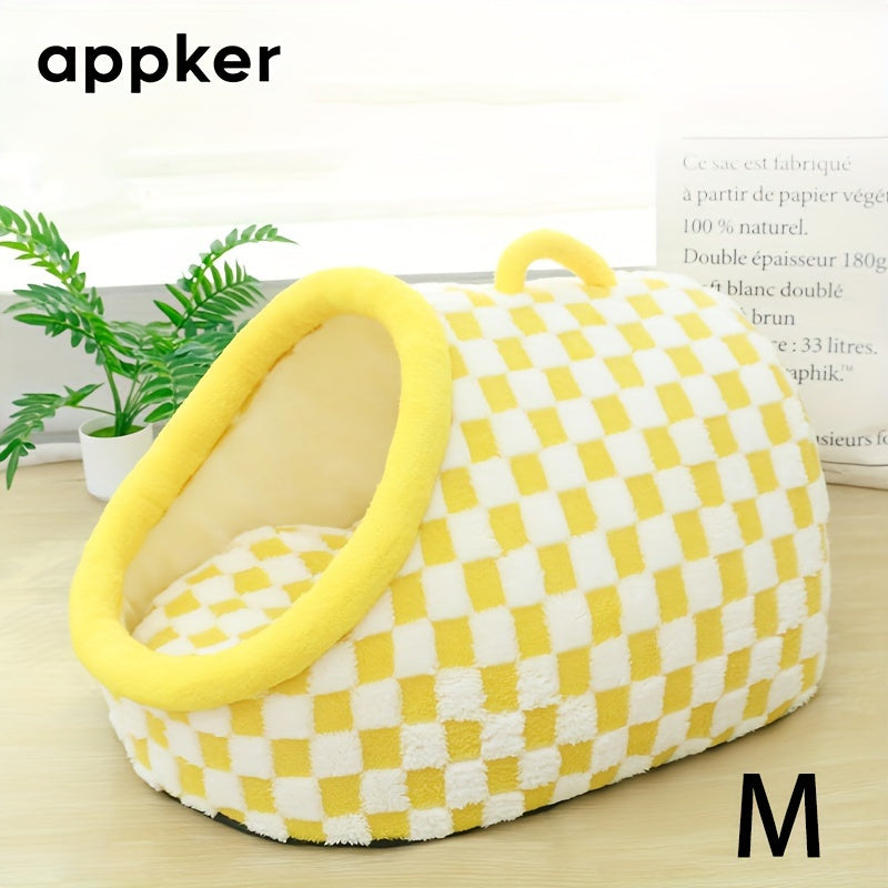 Appker Cozy Checkerboard Plush Cat Bed - Semi-Enclosed, Soft & Warm Indoor Kennel for Cats, Portable and Comfortable Hideaway, Appker