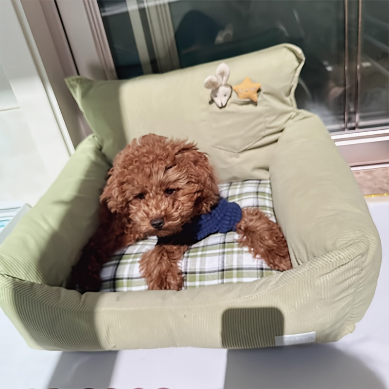 All-Season Removable & Washable Cat Bed - Durable Chew-Resistant Pet Bed with Plush Green Exterior & Checkered White/Peach Interior, Soft Comfortable Cat Pad for Indoor Cats, Cozy Design, Highquality Fabric, Home Pets