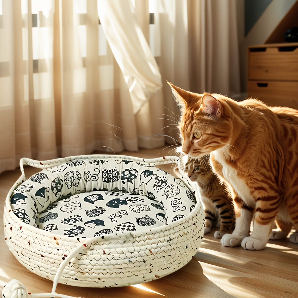 4pcs Cute Cat Ear Pet Bed Set, Suitable for Cats | All-Season Indoor Pet Nest with Comfortable Cushion + Cooling Mat + Fun Pom-Poms | Breathable Bite-Resistant Design | Multiple Sizes Available Durable Cat Furniture Bed