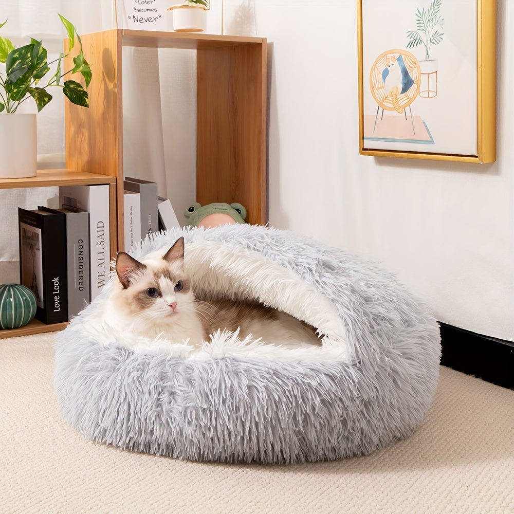 1pc Classic Plush Shell Cat Bed with Hood - Cozy Half-Enclosed Pet Nest for Cats and Small Dogs, Warm Comfortable Polyester Fiber Material, Non-Electric, Easy Assembly
