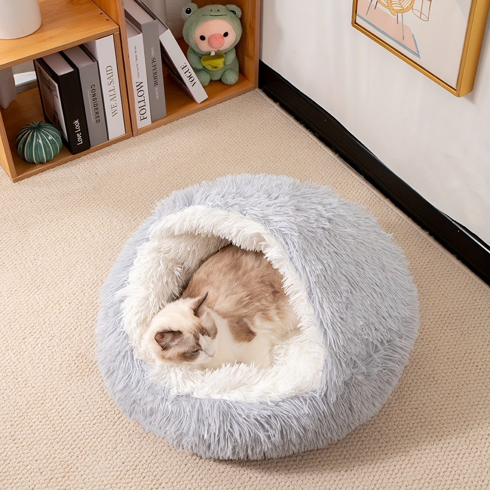 1pc Classic Plush Shell Cat Bed with Hood - Cozy Half-Enclosed Pet Nest for Cats and Small Dogs, Warm Comfortable Polyester Fiber Material, Non-Electric, Easy Assembly