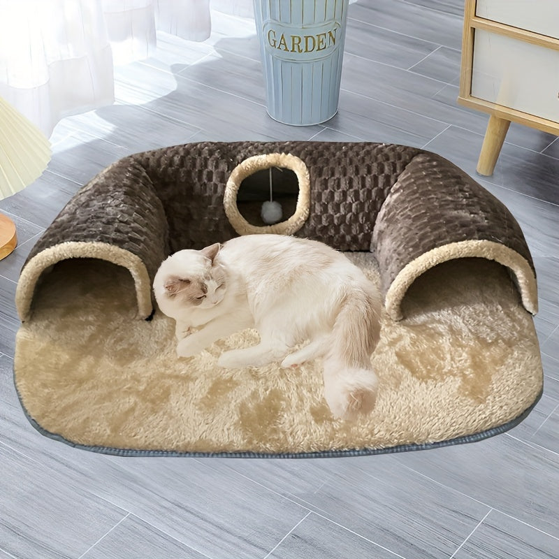 2-in-1 Non-Slip Cozy Cat Play Tunnel & Bed - Soft Polyester Fiber Fill, Easy Install Pet House