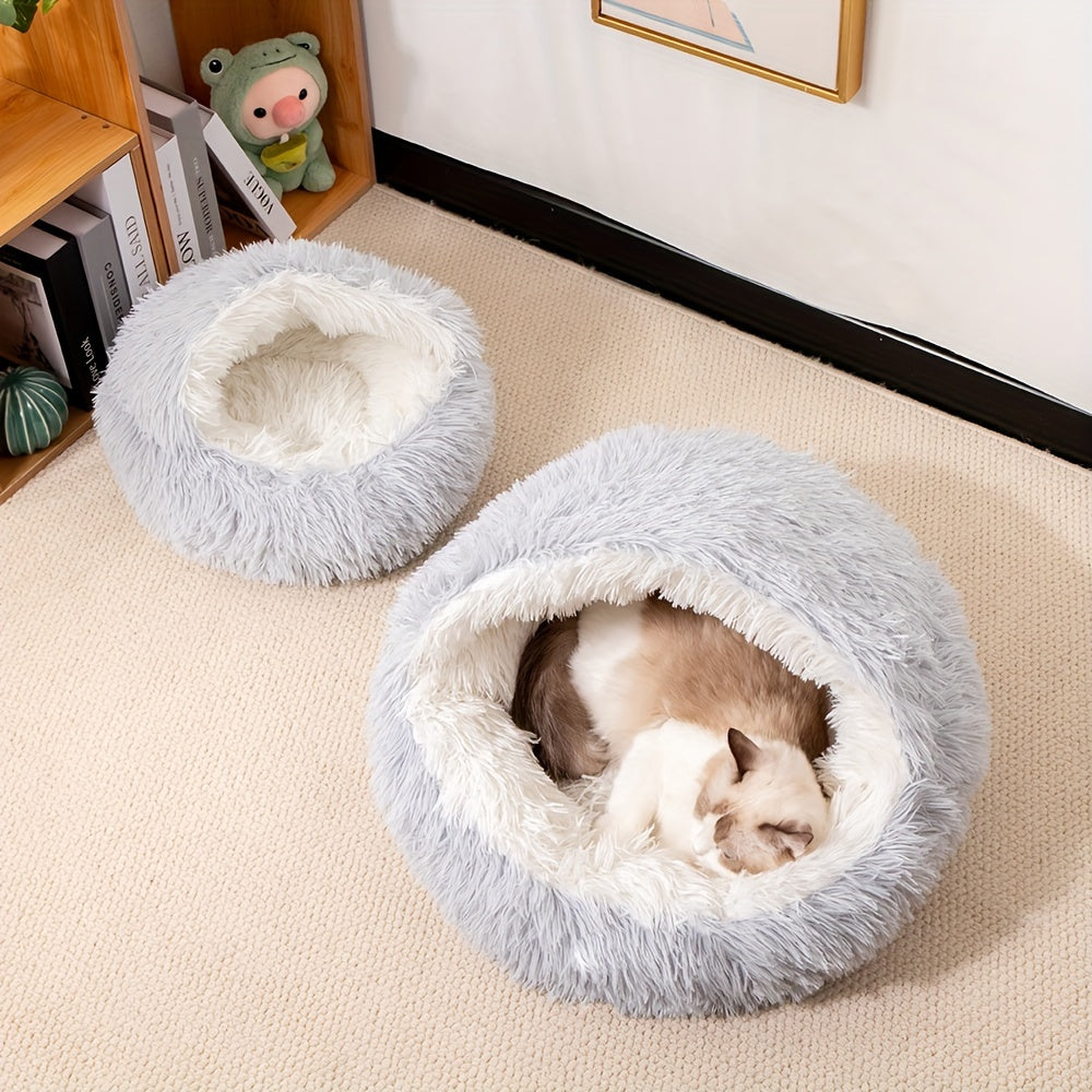 1pc Classic Plush Shell Cat Bed with Hood - Cozy Half-Enclosed Pet Nest for Cats and Small Dogs, Warm Comfortable Polyester Fiber Material, Non-Electric, Easy Assembly