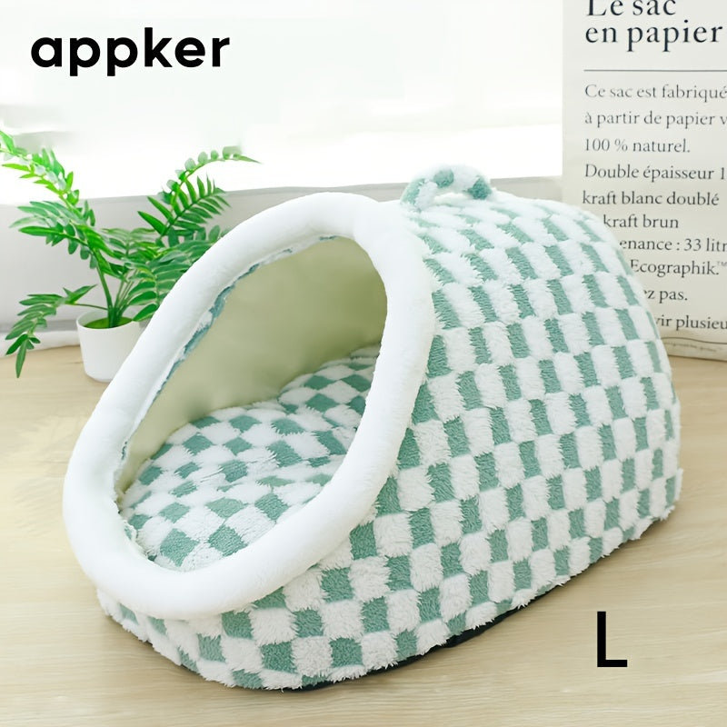 Appker Cozy Checkerboard Plush Cat Bed - Semi-Enclosed, Soft & Warm Indoor Kennel for Cats, Portable and Comfortable Hideaway, Appker