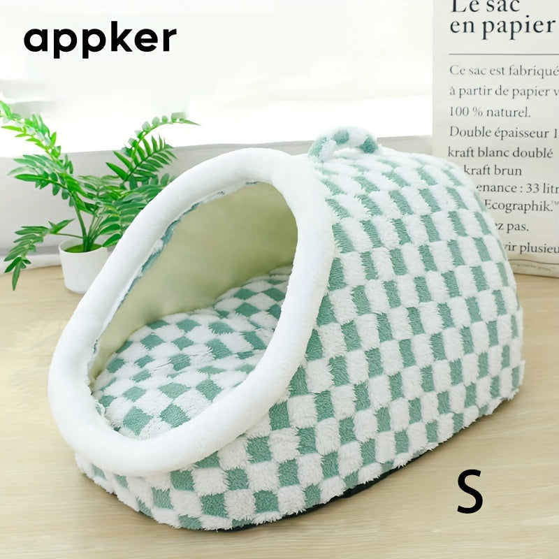Appker Cozy Checkerboard Plush Cat Bed - Semi-Enclosed, Soft & Warm Indoor Kennel for Cats, Portable and Comfortable Hideaway, Appker
