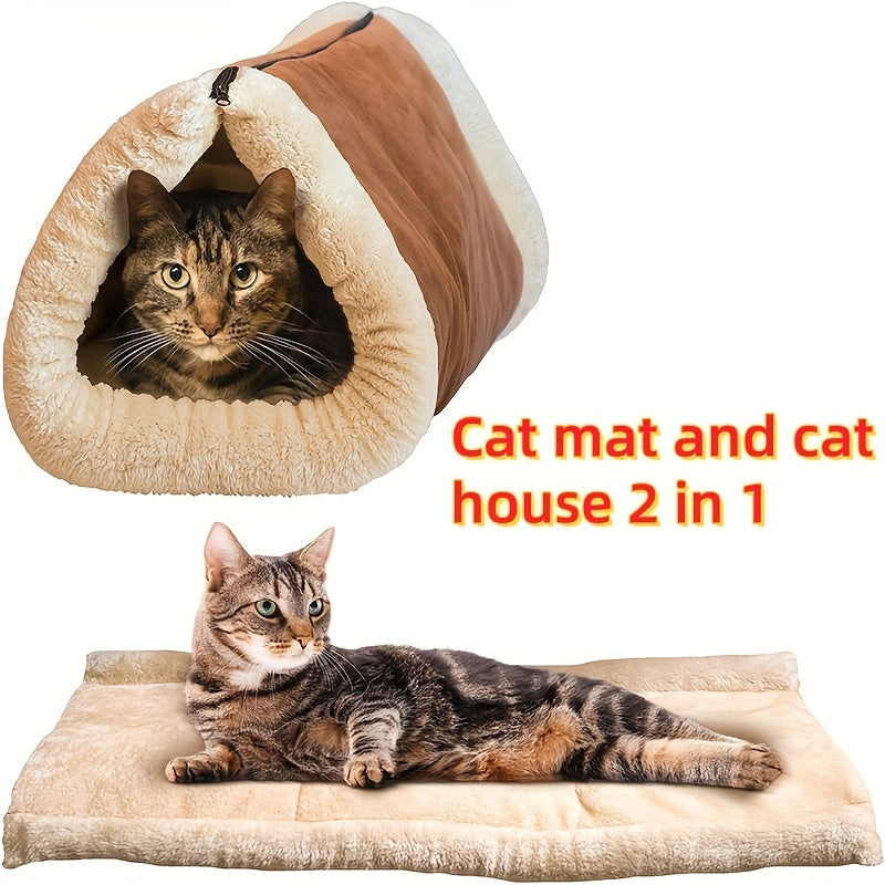2-in-1 Foldable Cat Mat & House - Soft Polyester Tunnel Bed with Plush Fleece Lining, Portable Warm Nest for Indoor Cats, Cozy Multifunctional Pet Bed & Shelter, Durable Fabric, Small Space Pets