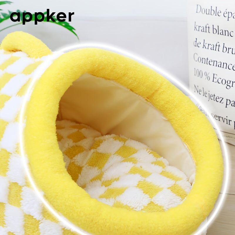 Appker Cozy Checkerboard Plush Cat Bed - Semi-Enclosed, Soft & Warm Indoor Kennel for Cats, Portable and Comfortable Hideaway, Appker