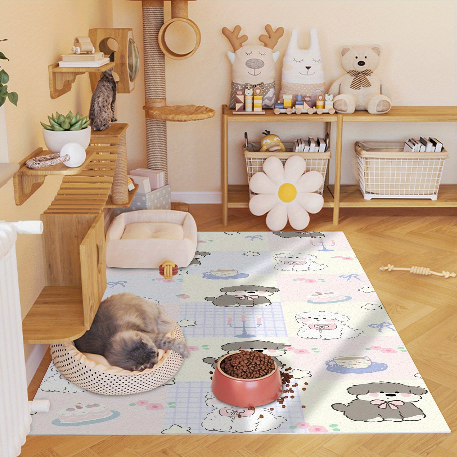 Large Plush Non-Slip Dog Mat with Adorable Black & White Puppy Design - All-Season Chew-Resistant Washable Pet Bed, Multi-Size Soft Polyester Floor Mat for Feeding, Play & Home Decor, Large Dog Bed