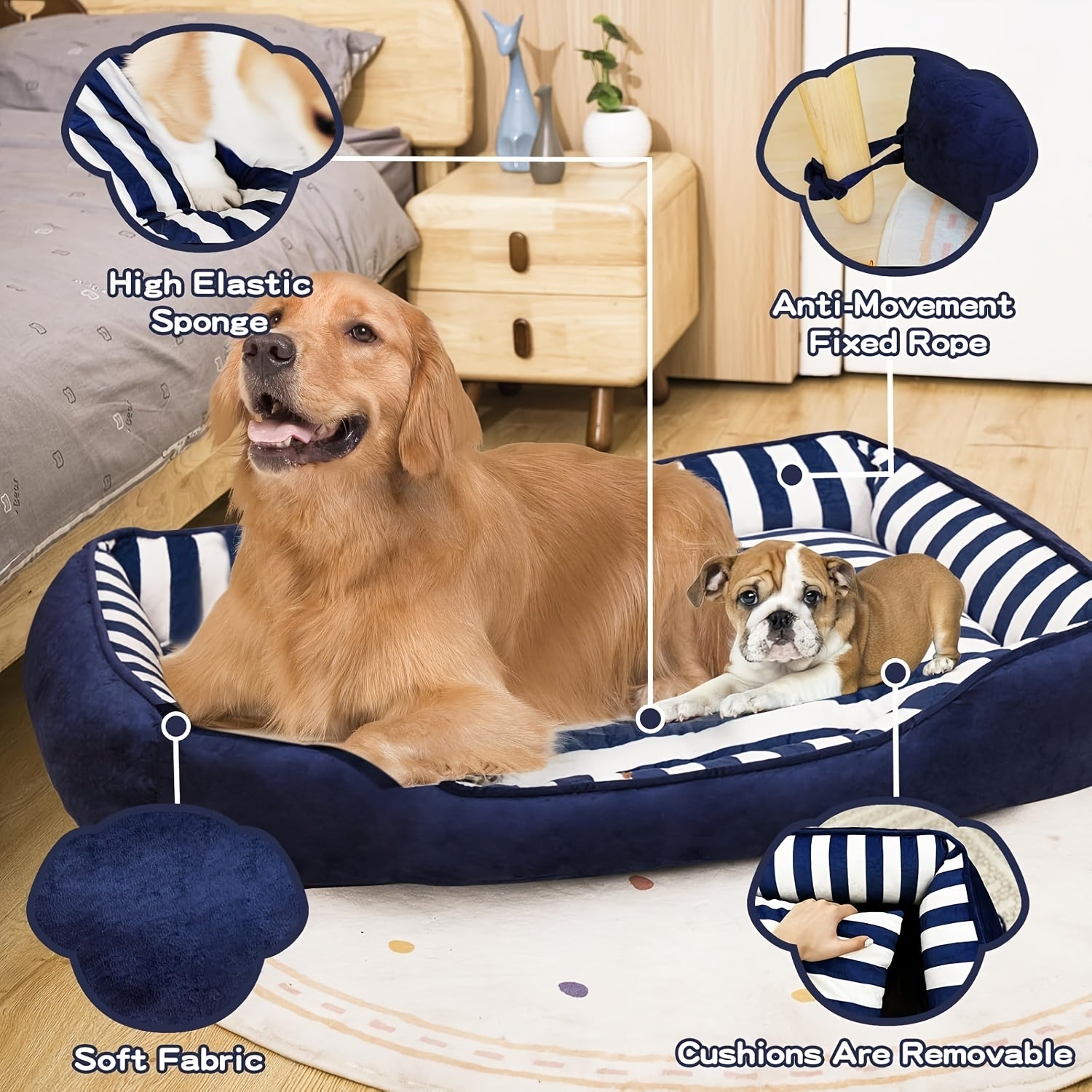 Orthopedic Dog Bed For Extra Large Dogs With Cushion, XL Dog Bed With Bolster, Easy Clean Dog Bed Sofa With Velvet & Cotton, Pinstripe Dog Bed Sofa With Non-Slip Bottom, Blue & White, X-Large