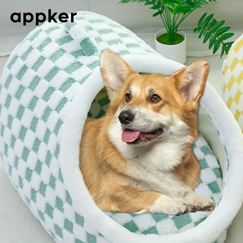 Appker Cozy Checkerboard Plush Cat Bed - Semi-Enclosed, Soft & Warm Indoor Kennel for Cats, Portable and Comfortable Hideaway, Appker
