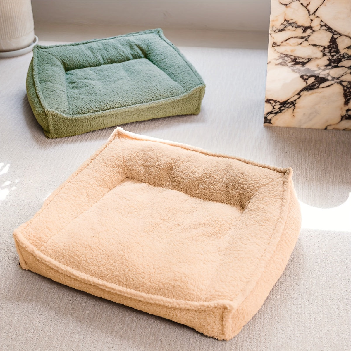 4-Season Pet Bed for Small to Medium Dogs & Cats - Washable Neck Support with Removable Pillow, Soft Plush Beige & Green Dog Bed with Marble Pattern, Durable Lightweight Design for Home & Travel, Pet Bed for Dogs, Cozy Pet Furniture, Stylish Pet