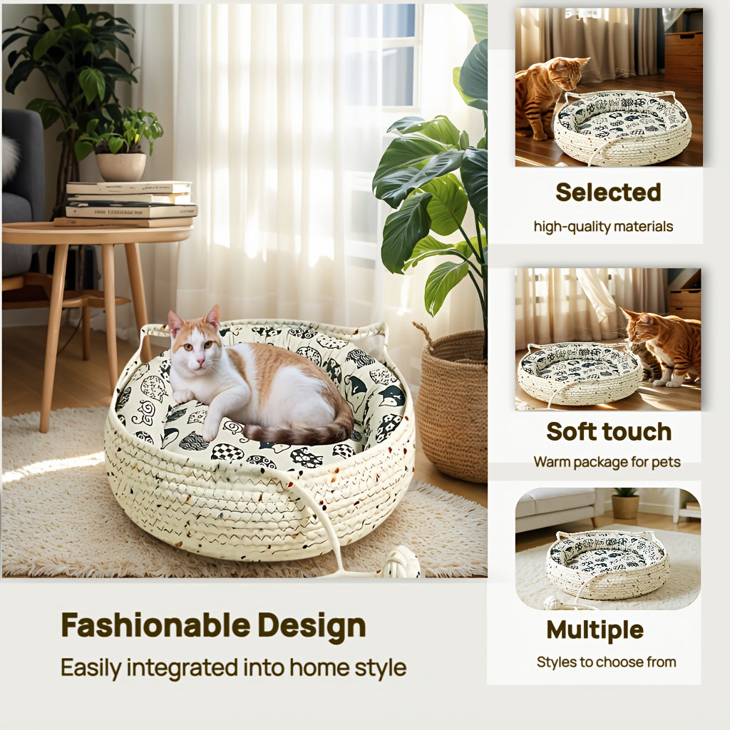 4pcs Cute Cat Ear Pet Bed Set, Suitable for Cats | All-Season Indoor Pet Nest with Comfortable Cushion + Cooling Mat + Fun Pom-Poms | Breathable Bite-Resistant Design | Multiple Sizes Available Durable Cat Furniture Bed