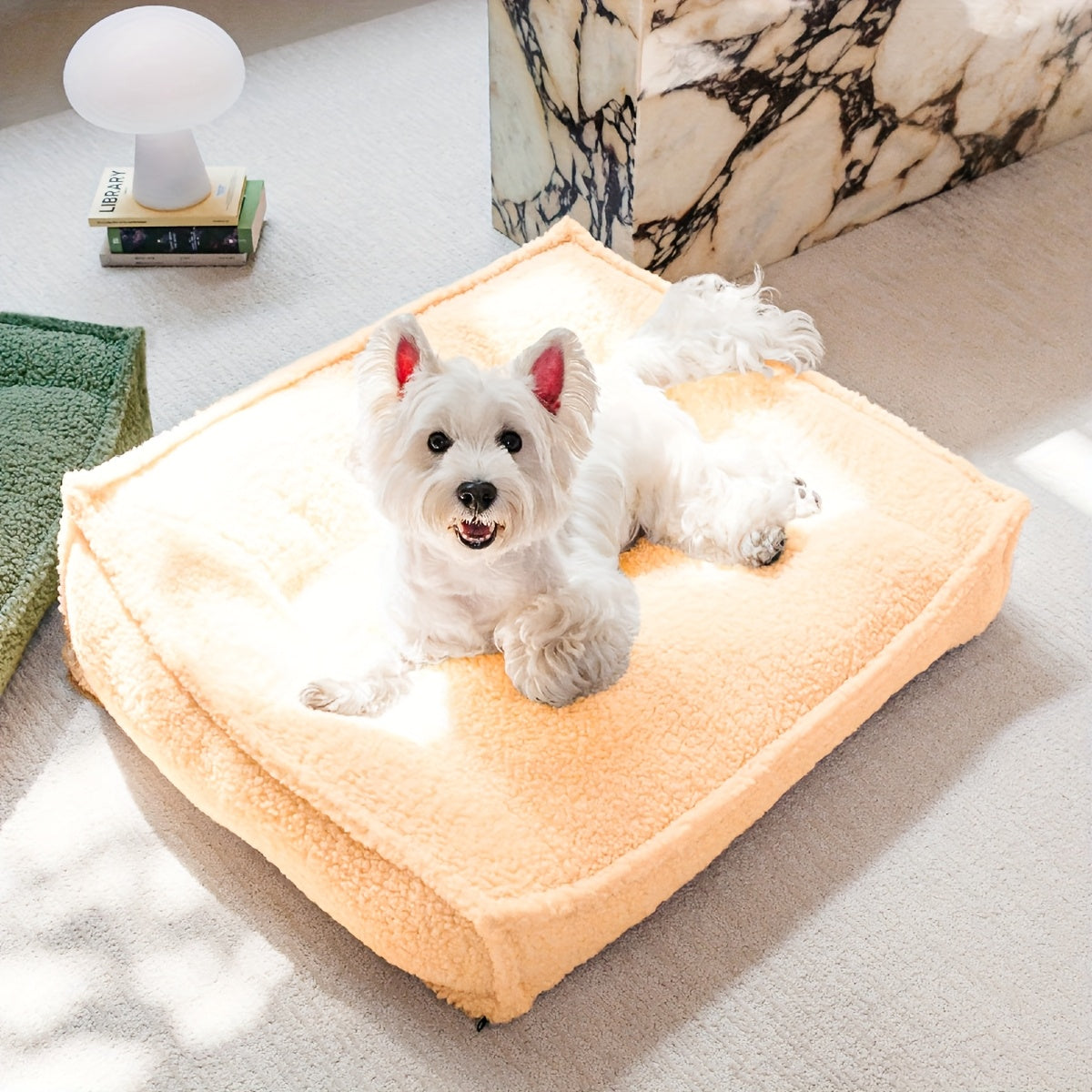 4-Season Pet Bed for Small to Medium Dogs & Cats - Washable Neck Support with Removable Pillow, Soft Plush Beige & Green Dog Bed with Marble Pattern, Durable Lightweight Design for Home & Travel, Pet Bed for Dogs, Cozy Pet Furniture, Stylish Pet