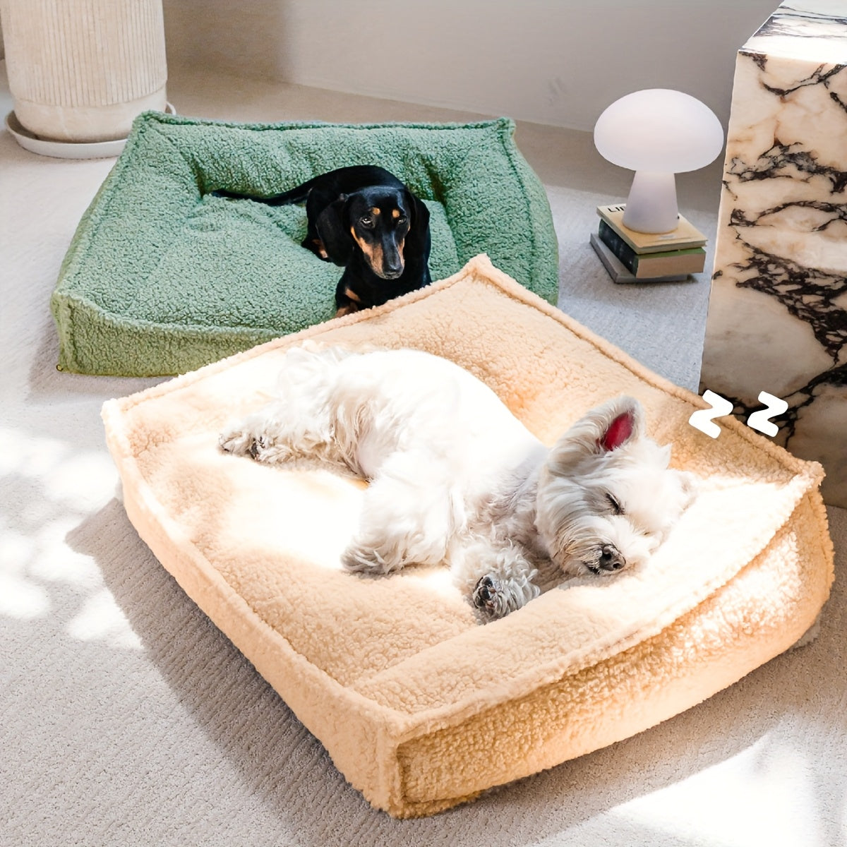 4-Season Pet Bed for Small to Medium Dogs & Cats - Washable Neck Support with Removable Pillow, Soft Plush Beige & Green Dog Bed with Marble Pattern, Durable Lightweight Design for Home & Travel, Pet Bed for Dogs, Cozy Pet Furniture, Stylish Pet