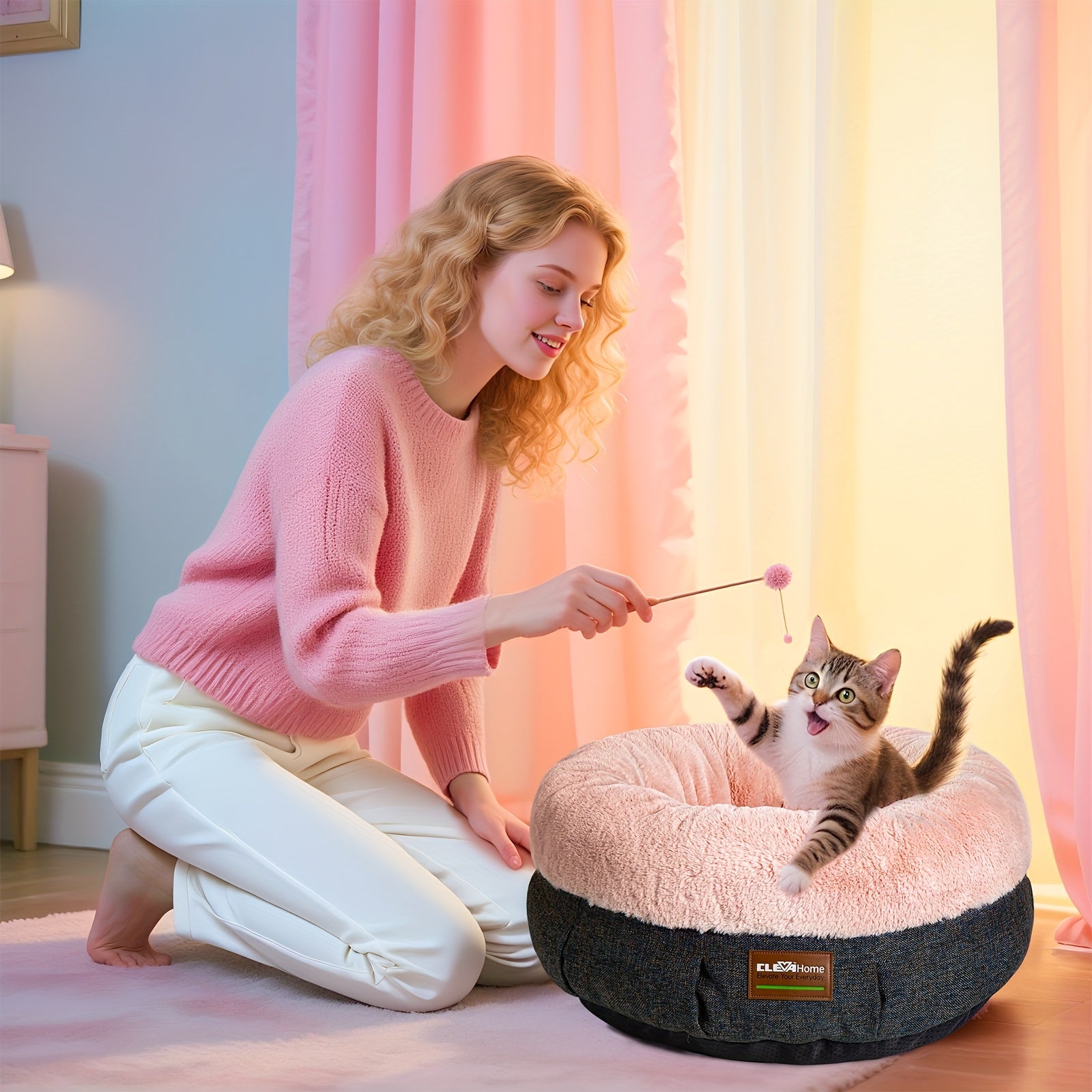 ClevaHome Cozy Cat Bed - Ultra-Soft Plush Pet Bed with Raised Sides and Anti-Slip Base, Comfortable Round Bed for Small Pets up to 11 lbs, Christmas Gift