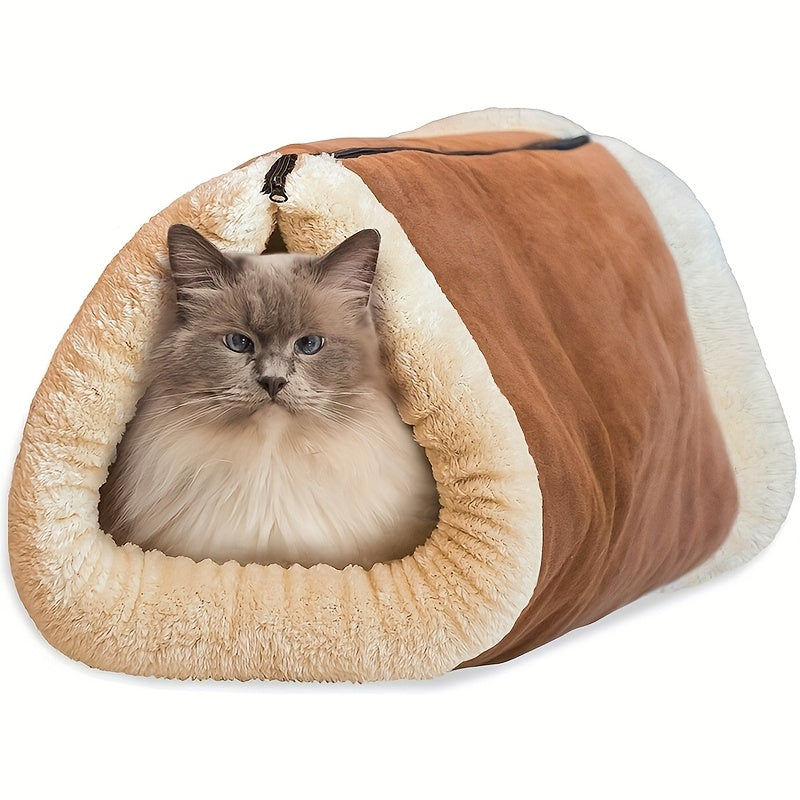 2-in-1 Foldable Cat Mat & House - Soft Polyester Tunnel Bed with Plush Fleece Lining, Portable Warm Nest for Indoor Cats, Cozy Multifunctional Pet Bed & Shelter, Durable Fabric, Small Space Pets