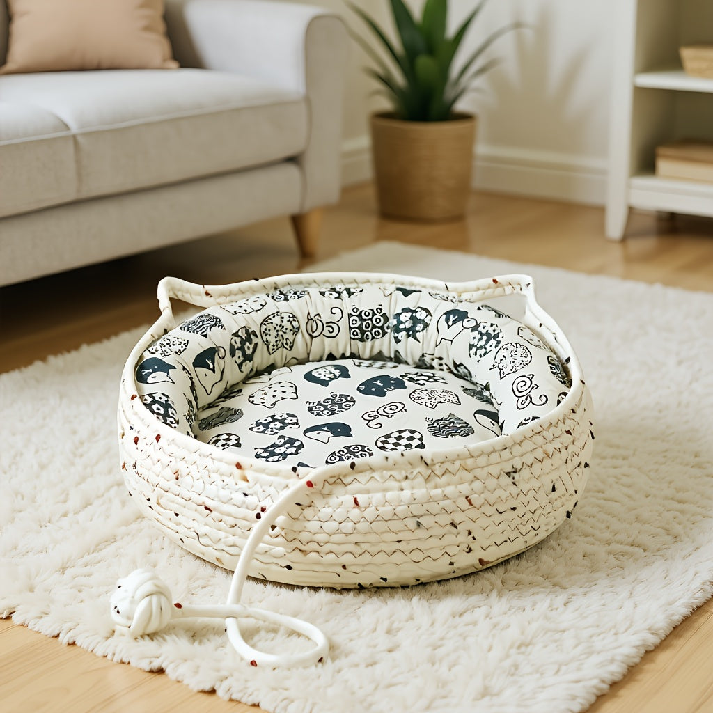 4pcs Cute Cat Ear Pet Bed Set, Suitable for Cats | All-Season Indoor Pet Nest with Comfortable Cushion + Cooling Mat + Fun Pom-Poms | Breathable Bite-Resistant Design | Multiple Sizes Available Durable Cat Furniture Bed