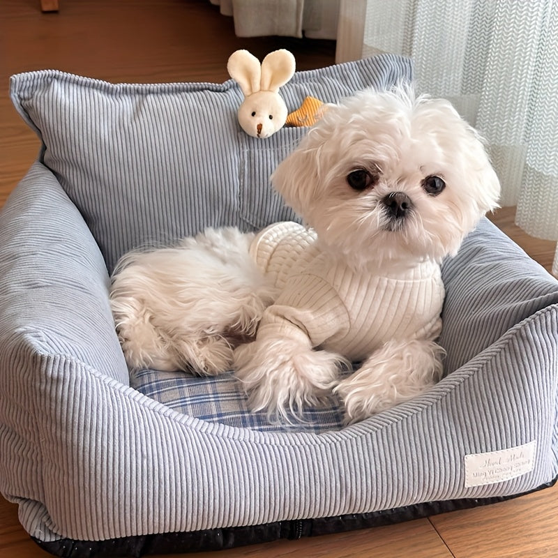 All-Season Removable & Washable Cat Bed - Durable Chew-Resistant Pet Bed with Plush Green Exterior & Checkered White/Peach Interior, Soft Comfortable Cat Pad for Indoor Cats, Cozy Design, Highquality Fabric, Home Pets