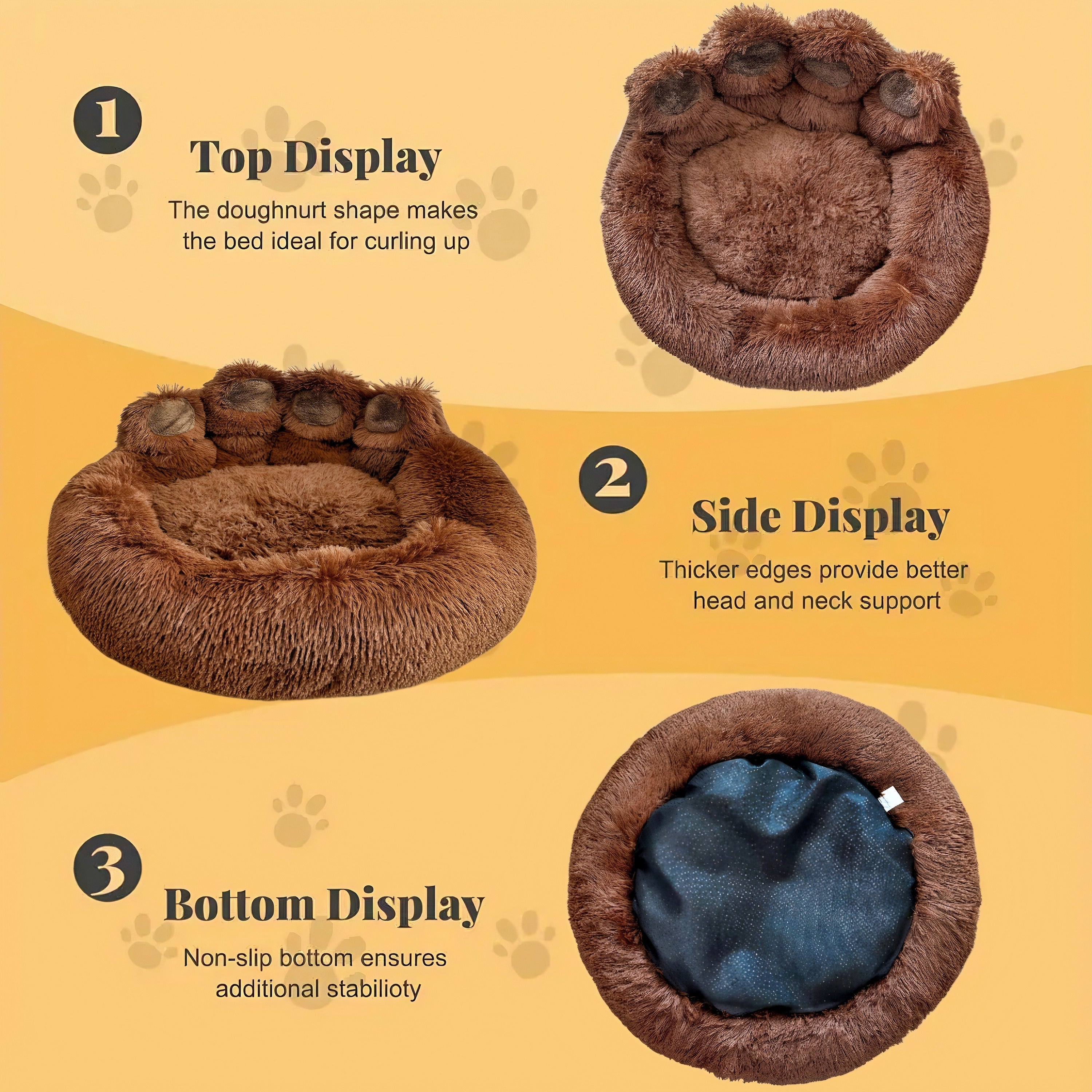 Deluxe Bear Paw Plush Pet Bed Ultra-Soft Faux Fur Round Lounger For Dogs & Cats, Warm And Calming Donut Nest With Anti-Slip Bottom, Thick PP  Filling, Machine Washable, Perfect For Small, Medium & Large Breeds All Year Round