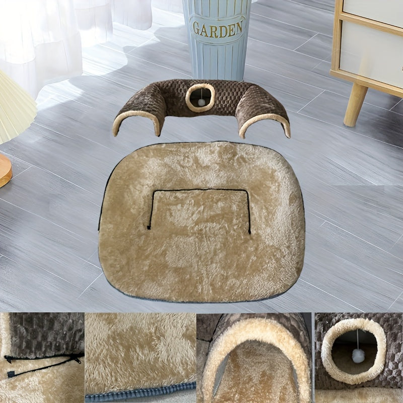 2-in-1 Non-Slip Cozy Cat Play Tunnel & Bed - Soft Polyester Fiber Fill, Easy Install Pet House