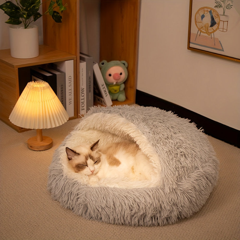 1pc Classic Plush Shell Cat Bed with Hood - Cozy Half-Enclosed Pet Nest for Cats and Small Dogs, Warm Comfortable Polyester Fiber Material, Non-Electric, Easy Assembly