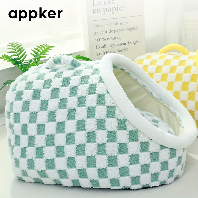 Appker Cozy Checkerboard Plush Cat Bed - Semi-Enclosed, Soft & Warm Indoor Kennel for Cats, Portable and Comfortable Hideaway, Appker