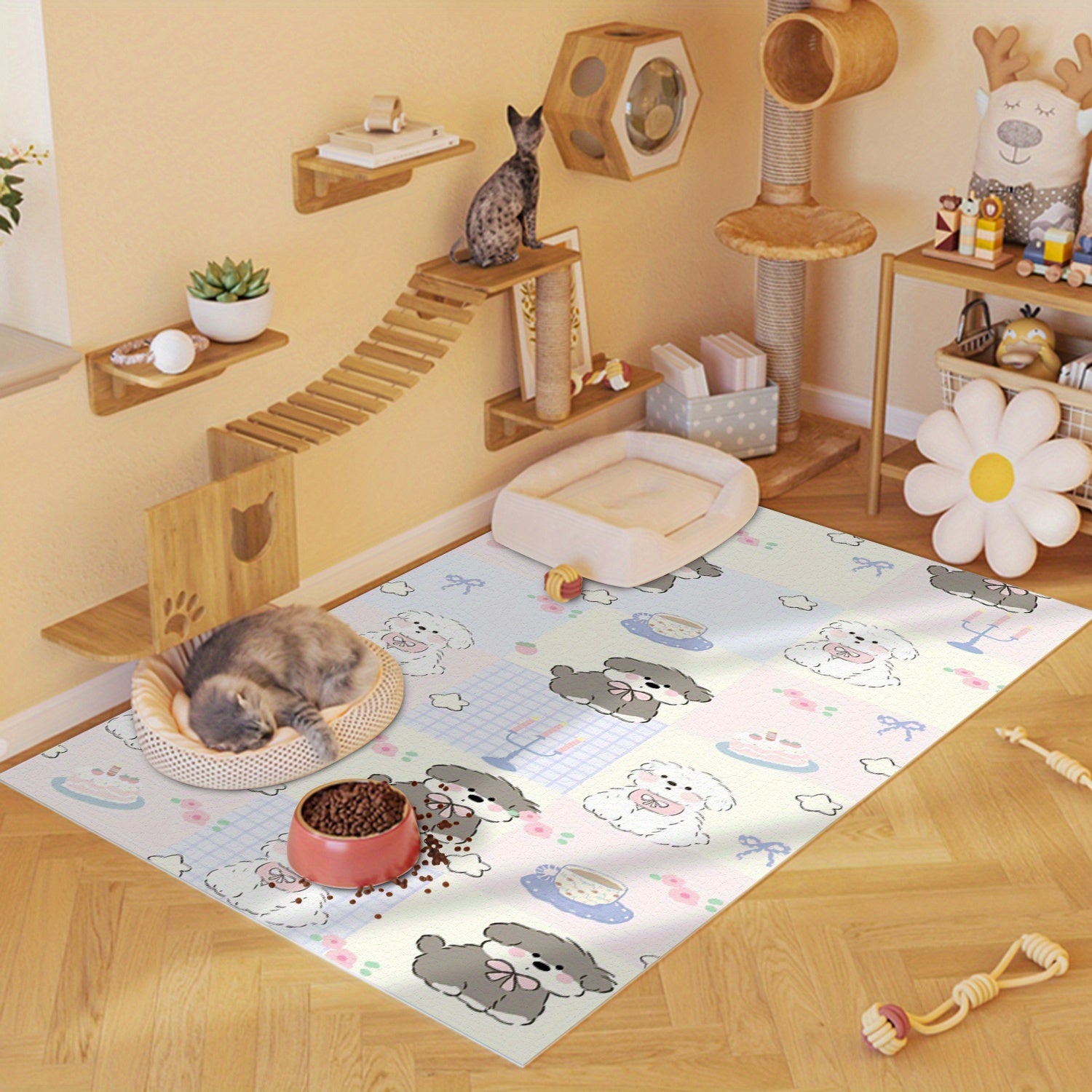 Large Plush Non-Slip Dog Mat with Adorable Black & White Puppy Design - All-Season Chew-Resistant Washable Pet Bed, Multi-Size Soft Polyester Floor Mat for Feeding, Play & Home Decor, Large Dog Bed