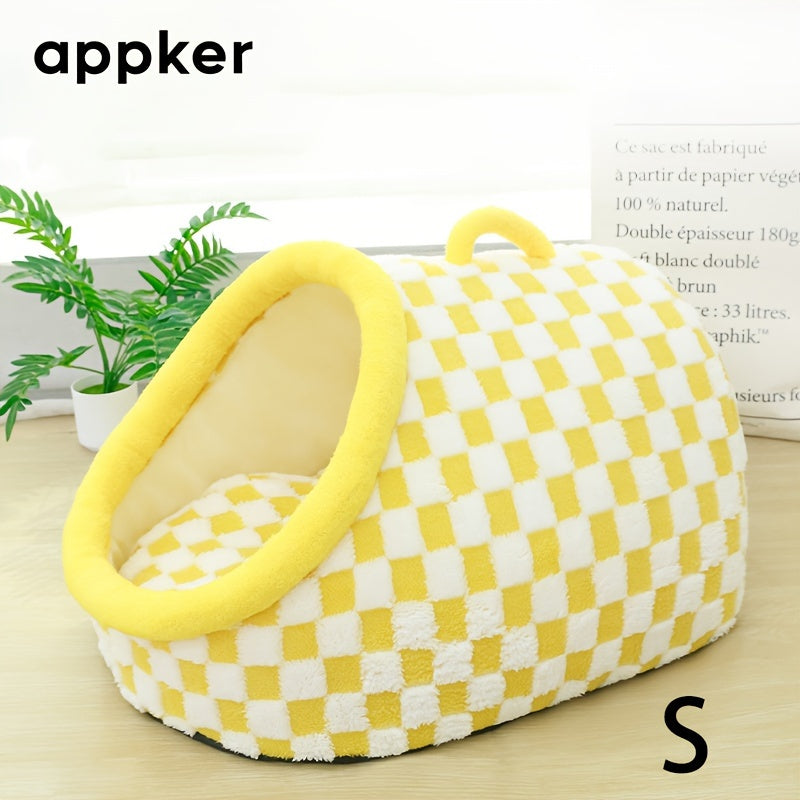 Appker Cozy Checkerboard Plush Cat Bed - Semi-Enclosed, Soft & Warm Indoor Kennel for Cats, Portable and Comfortable Hideaway, Appker