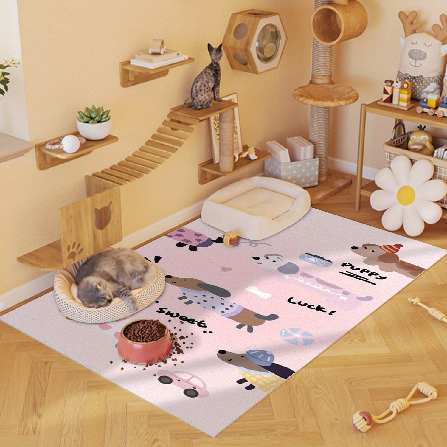 Pink Dachshund Puppy Design Plush Pet Mat - Chew-Resistant Non-Slip Large Dog Bed, Washable Polyester Kennel Pad with Playful Cartoon Hearts & Bones, Multi-Size Indoor/Outdoor Pet Mat for All Seasons, Dog Mat, Indoor Outdoor Mat, Cute Animal Prints,