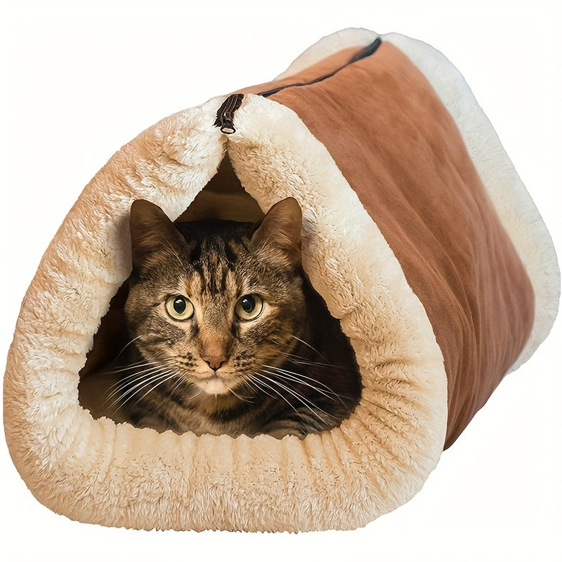 2-in-1 Foldable Cat Mat & House - Soft Polyester Tunnel Bed with Plush Fleece Lining, Portable Warm Nest for Indoor Cats, Cozy Multifunctional Pet Bed & Shelter, Durable Fabric, Small Space Pets