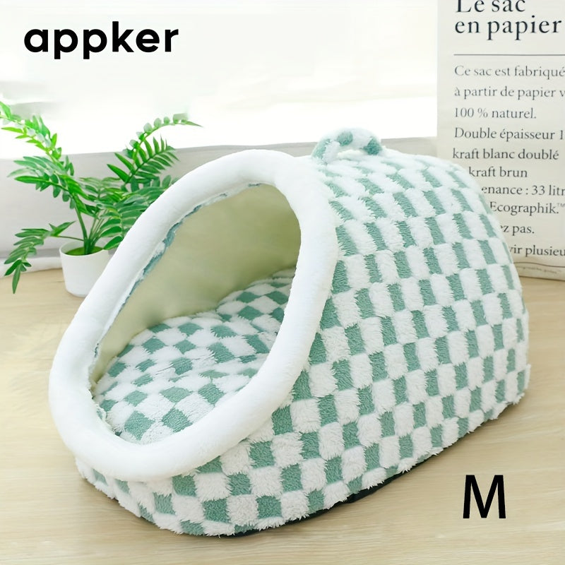 Appker Cozy Checkerboard Plush Cat Bed - Semi-Enclosed, Soft & Warm Indoor Kennel for Cats, Portable and Comfortable Hideaway, Appker