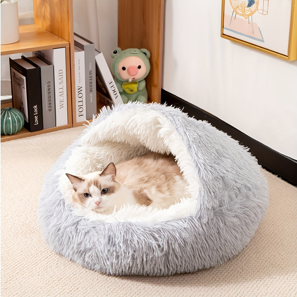 1pc Classic Plush Shell Cat Bed with Hood - Cozy Half-Enclosed Pet Nest for Cats and Small Dogs, Warm Comfortable Polyester Fiber Material, Non-Electric, Easy Assembly