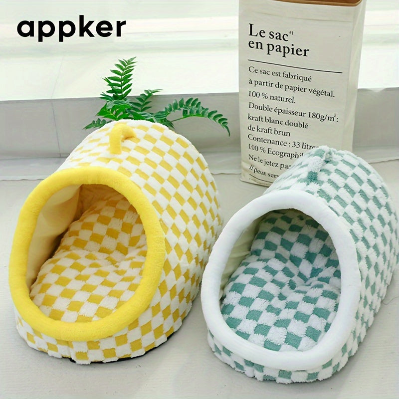 Appker Cozy Checkerboard Plush Cat Bed - Semi-Enclosed, Soft & Warm Indoor Kennel for Cats, Portable and Comfortable Hideaway, Appker
