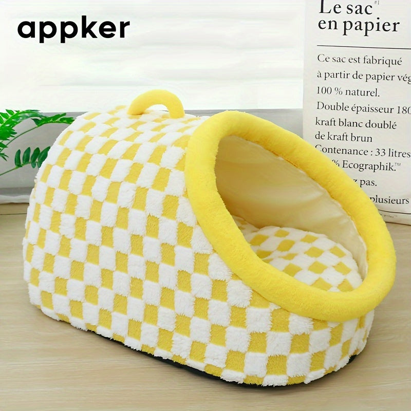 Appker Cozy Checkerboard Plush Cat Bed - Semi-Enclosed, Soft & Warm Indoor Kennel for Cats, Portable and Comfortable Hideaway, Appker