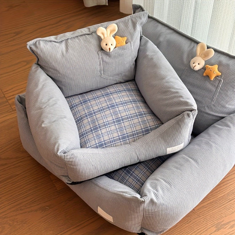 All-Season Removable & Washable Cat Bed - Durable Chew-Resistant Pet Bed with Plush Green Exterior & Checkered White/Peach Interior, Soft Comfortable Cat Pad for Indoor Cats, Cozy Design, Highquality Fabric, Home Pets