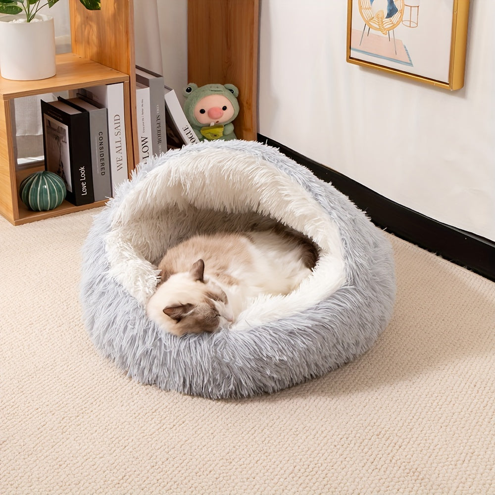 1pc Classic Plush Shell Cat Bed with Hood - Cozy Half-Enclosed Pet Nest for Cats and Small Dogs, Warm Comfortable Polyester Fiber Material, Non-Electric, Easy Assembly