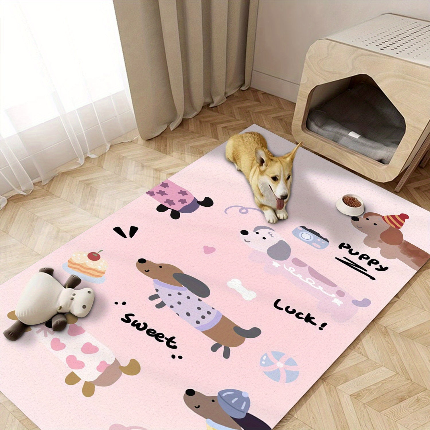 Pink Dachshund Puppy Design Plush Pet Mat - Chew-Resistant Non-Slip Large Dog Bed, Washable Polyester Kennel Pad with Playful Cartoon Hearts & Bones, Multi-Size Indoor/Outdoor Pet Mat for All Seasons, Dog Mat, Indoor Outdoor Mat, Cute Animal Prints,