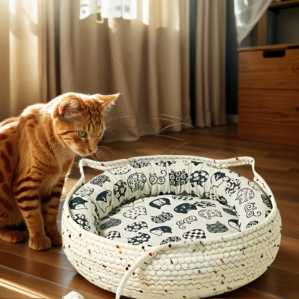 4pcs Cute Cat Ear Pet Bed Set, Suitable for Cats | All-Season Indoor Pet Nest with Comfortable Cushion + Cooling Mat + Fun Pom-Poms | Breathable Bite-Resistant Design | Multiple Sizes Available Durable Cat Furniture Bed