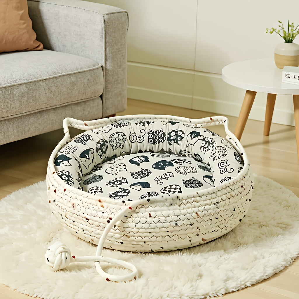 4pcs Cute Cat Ear Pet Bed Set, Suitable for Cats | All-Season Indoor Pet Nest with Comfortable Cushion + Cooling Mat + Fun Pom-Poms | Breathable Bite-Resistant Design | Multiple Sizes Available Durable Cat Furniture Bed