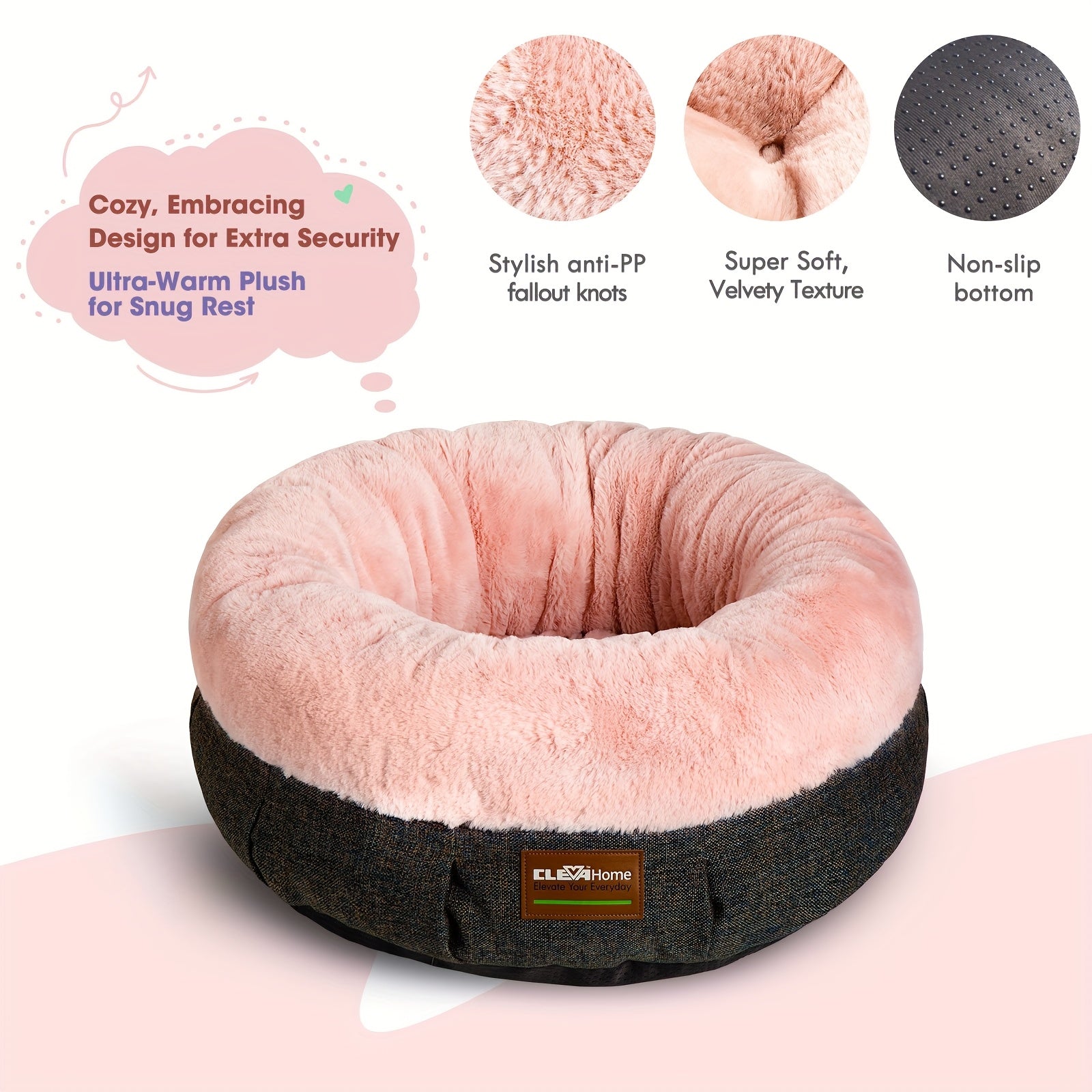 ClevaHome Cozy Cat Bed - Ultra-Soft Plush Pet Bed with Raised Sides and Anti-Slip Base, Comfortable Round Bed for Small Pets up to 11 lbs, Christmas Gift
