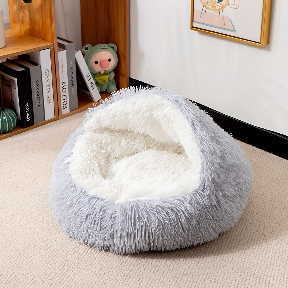 1pc Classic Plush Shell Cat Bed with Hood - Cozy Half-Enclosed Pet Nest for Cats and Small Dogs, Warm Comfortable Polyester Fiber Material, Non-Electric, Easy Assembly