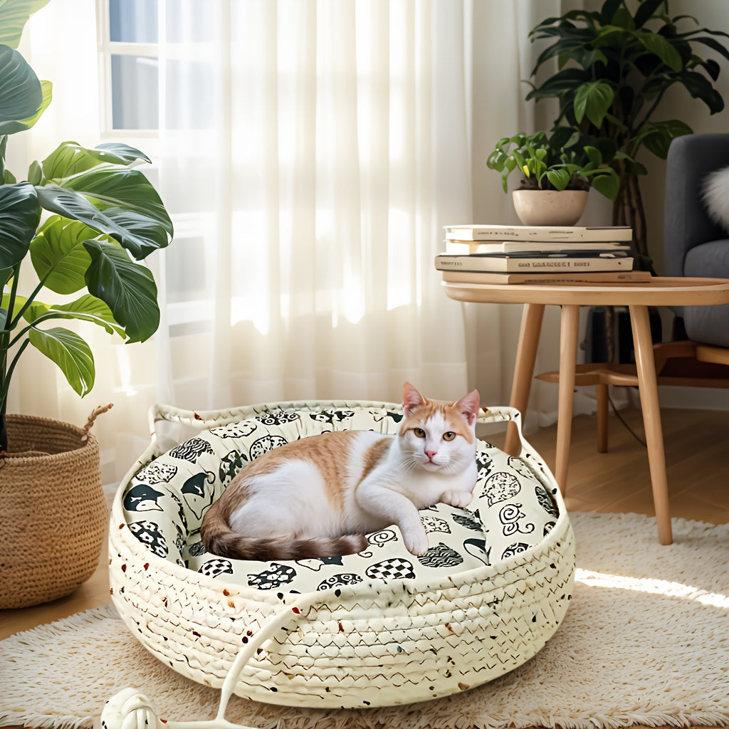 4pcs Cute Cat Ear Pet Bed Set, Suitable for Cats | All-Season Indoor Pet Nest with Comfortable Cushion + Cooling Mat + Fun Pom-Poms | Breathable Bite-Resistant Design | Multiple Sizes Available Durable Cat Furniture Bed